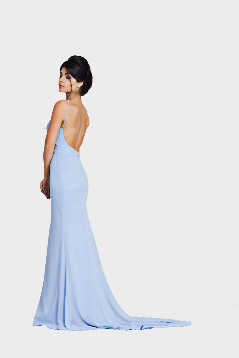 deep blue trumpet cut gown