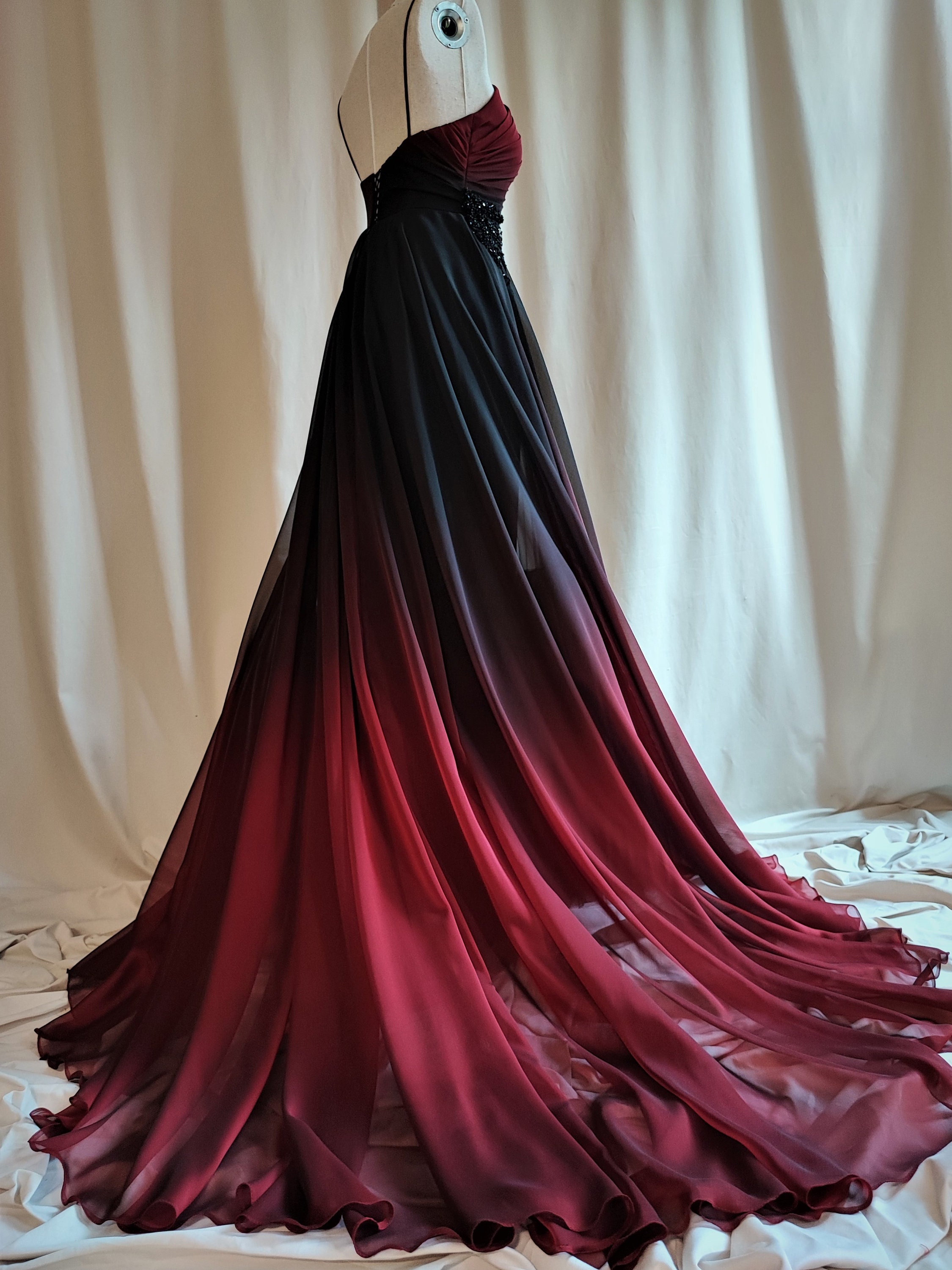 red ombre wedding dress Sunset Ombre Wedding Dress: Silk Tulle, Autumn Fire Dip Dye, Lace Detail