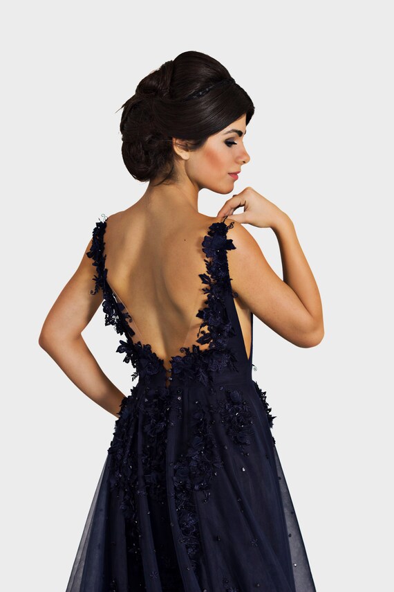 chinese dress ladies ZARIA / A Line Sparkling Navy Blue Wedding Dress with Deep Plunge Neck