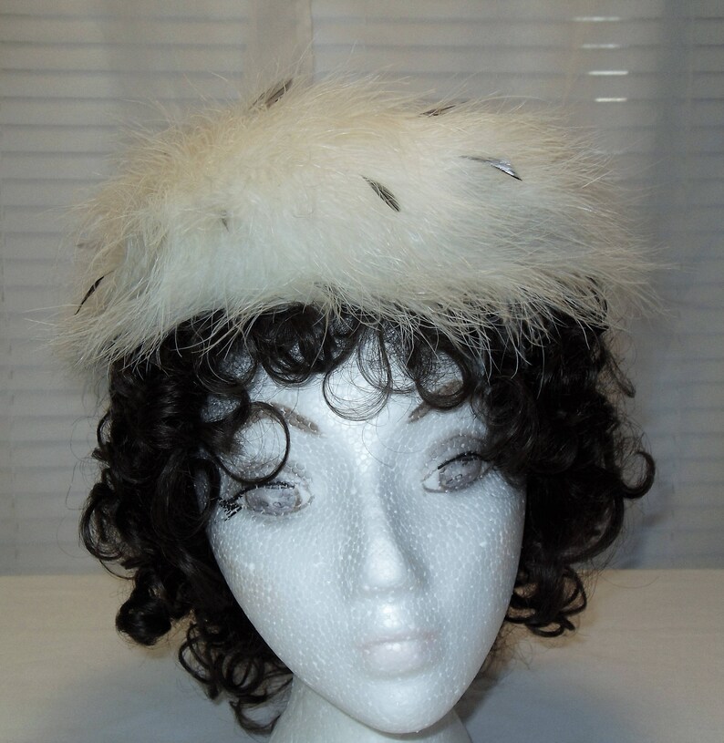 Fluffy White Feathered Pillbox Hat Louise Original Chapeaux