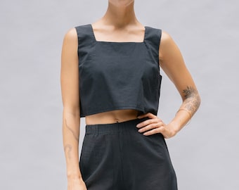 Organic Cotton Black Palmira Crop Top | Boxy Silhouette | Plant Dyed