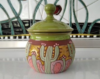 Handmade sugar bowl, Cactus bowl, Pottery jar with lid, Ceramic sugar container, Sugar bowl with cactus, Storage box, Cactus lovers gift