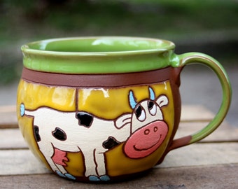 Cow mug, Animals mug, Handmade mug with cow, Ceramic tea mug, Pottery coffee mug, Pottery coffee mug, Kids mug, Unique coffee cup, Cow cup