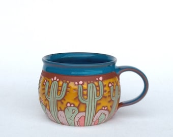 Tasse mit Kaktus, Handgemachter Kaffeebecher, Keramik Kaktustasse, Kaktusbecher, Kaffeetasse, Einzigartige Kaffeetasse, Keramik Teebecher, Keramik handgemacht
