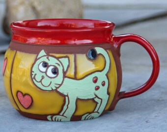 Handmade pottery, Ceramic mug handmade, Coffee mug, Cat mug, Handmade mug, Animal mug, Kids cat mug, Cat cup, Cup with cat, Unique mug