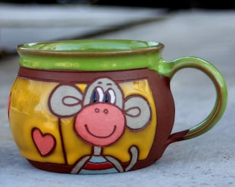 Funny handmade mug, Animals kids mug, Monkey mug, Pottery handmade, Kids mug, Pottery mug, Unique coffee mug, Pottery handmade cup, Tea mug