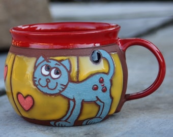 Tasse en céramique faite à la main avec chat, Tasse en poterie, Cadeau amoureux des chats, Tasse en céramique faite à la main, Tasse pour enfants, Tasse drôle de chat, Tasse à café, Tasse à thé, Tasse pour chat