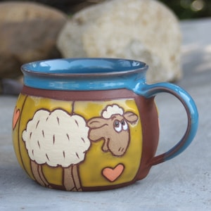 Funny handmade mug with sheep, Funny animals mug, Pottery mug, Sheep mug, Ceramic mug handmade, Large coffee mug, Pottery mug handmade