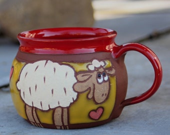 Mug amateur de café, Mug fait main, Mug en céramique fait main, Mug mouton, Mug drôle animaux, Cadeau pour enfants, Mug à café fait main, Mug à thé unique