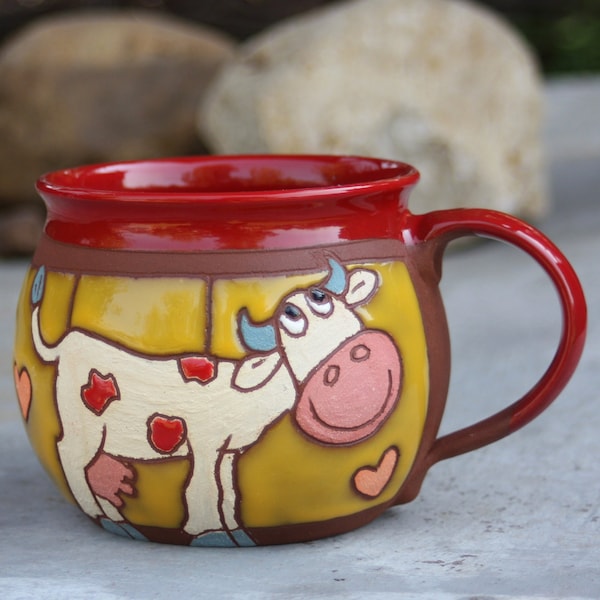 Handmade ceramic coffee or tea cup with cow OOAK mug Large tea cup Cappuccino mug Cow decor Latte Cup Unique tea mug