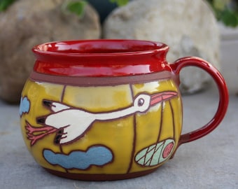 Handmade ceramic mug with stork, Pottery mug, Handmade mug, Stork mug, Pottery handmade, Handmade coffee mugs, Animal mugs, New mommy cup