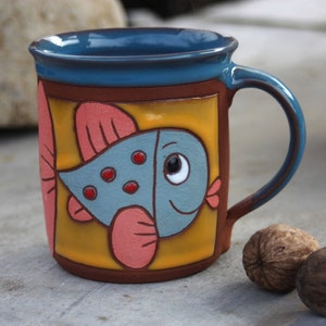 Fish mug, Coffee mug pottery, Handmade kids mug, Big coffee mug, Animal pottery, Mug pottery, Ceramic mug, Handmade tea cup, Animals mug image 1