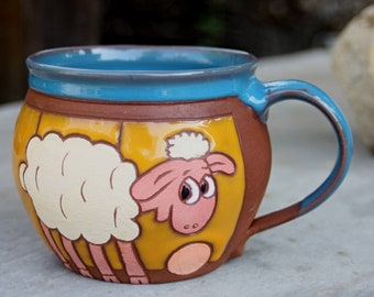 Handmade coffee mug, Pottery tea mug, Ceramic mug handmade, Mugs for kids, Large coffee mug, Unique potterymug, Mug with sheep, Pottery cup