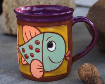 Pottery Coffee Mug, Ceramic Mug, Tea Mug, Cute Mug, Unique Mug, Handmade Mug, Ceramic Gift, Fish Pottery Mug, Animals mug