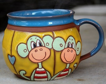 Funny coffee mugs, Ceramic mug handmade, Ceramic kids mug, Funny animals cup, Animal mug, Monkeys cup, Handmade coffee mug, Pottery mug