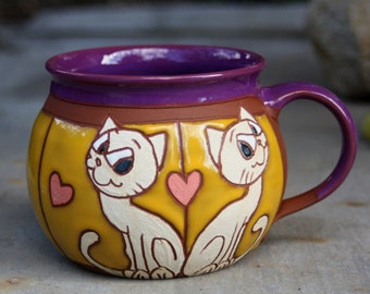Handmade pottery, Cat mug, Handmade kids mug, Big coffee mug, Animal mug, Kids cat mug, Funny cat mug, Cup with cats, Large tea cup, Cat cup