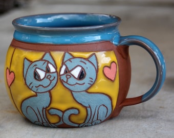 Handmade ceramic mug with cats, Pottery mug, Cats lover gift, Handmade mug, Pottery handmade, cats lover mug, Kids mug, Funny mug kids