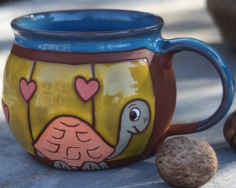 Pottery mug, Ceramic mug, Turtle mug, OOAK hand painted mug, Pottery handmade, Coffee mug, Tea mug, Pottery mug handmade, Mugs pottery