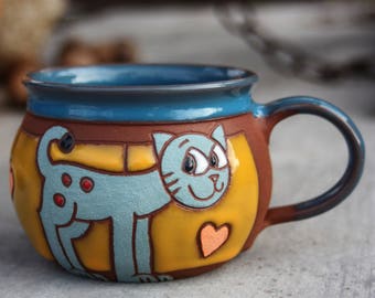 Ceramic mug, Pottery coffee mugs, Handmade coffee mug, Pottery mug, Kids mug, Cat mug, Unique mug, Animals mug, Tea mug, Cat accessories
