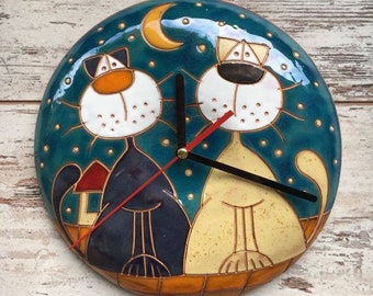 Funny wall clock, Ceramic clock with cats, Hanging wall clock, Kids room clock, Kitchen Decor, Handmade pottery, Wall Decor, Ceramic Art