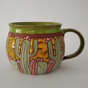 Mug with cactus, Cactus lover's gift, Pottery cactus mug, Coffee mug handmade, Cactus cup, Coffee mug, Pottery mug handmade, Big coffee cup image 1
