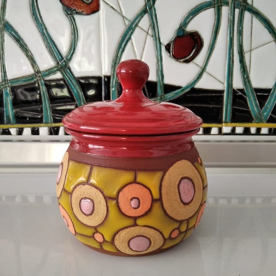 手作りの蓋付き砂糖入れ、蓋付き陶器の瓶、新築祝いのギフト、収納