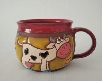 Coffee mug, Handmade Cow Mug, Ceramic Mug, Clay Mug, Pottery Mug, Animals Mug, Unique Mug, Handcrafted Mug, Hand Painted Mug