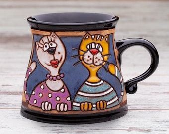 Funny handmade mug with cats, Funny animals cup, Pottery mug, Cats mug, Ceramic mug handmade, Animal mug, Pottery mug handmade