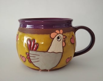 Handmade ceramic mug with chicken, Pottery mug, Handmade mug, Big coffee mug, Animal mug, Pottery coffee cup, Mug for kids, Hen mug, Tea cup