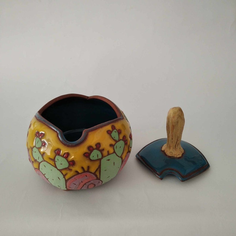 Handmade ceramic sugar bowl with cactus, Hand painted sugar box, Lidded sugar bowl, Handbuilt sugar basin, Cactus sugar bowl, Pottery jar image 4