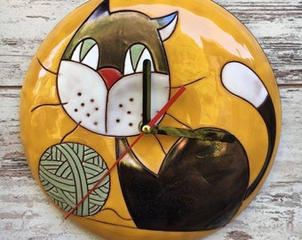 Wall clock, Handmade ceramic clock, Hanging wall clock, Pottery clock, Handmade pottery, Wall decor, Kids wall clock, Cat design clock