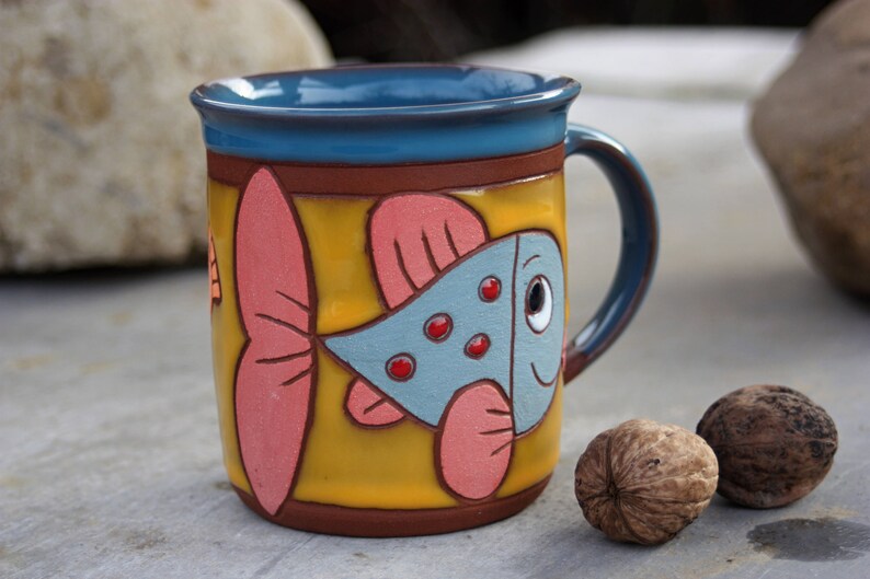 Fish mug, Coffee mug pottery, Handmade kids mug, Big coffee mug, Animal pottery, Mug pottery, Ceramic mug, Handmade tea cup, Animals mug image 2