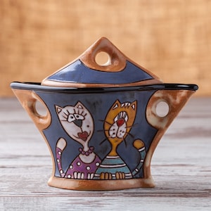 Ceramic sugar bowl, Container with lid, Lidded pottery jar, Jewelry jar, Salt jar, Sugar bowl with lid, Cat lover gift, Cat sugar box