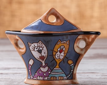 Ceramic sugar bowl, Container with lid, Lidded pottery jar, Jewelry jar, Salt jar, Sugar bowl with lid, Cat lover gift, Cat sugar box