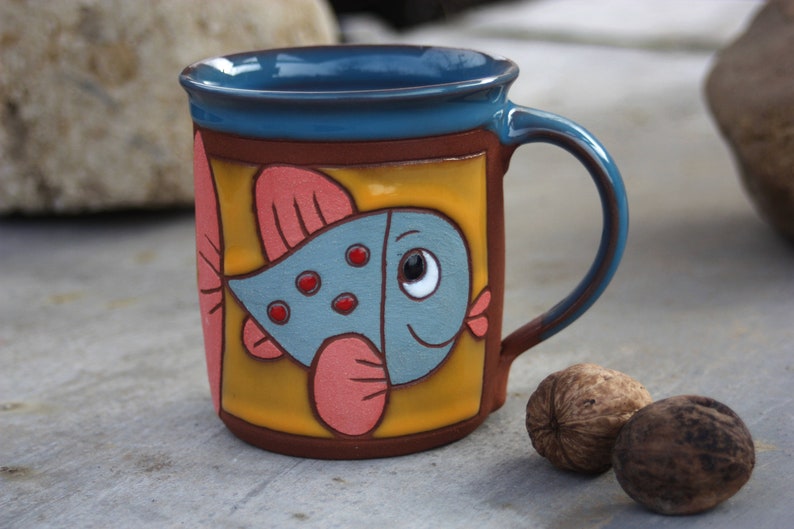 Fish mug, Coffee mug pottery, Handmade kids mug, Big coffee mug, Animal pottery, Mug pottery, Ceramic mug, Handmade tea cup, Animals mug image 1