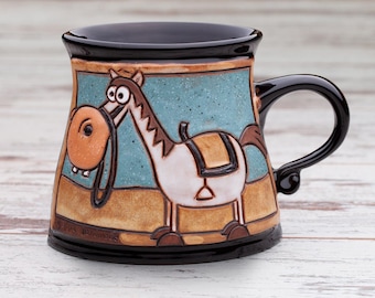 Pottery Coffee Mug, Cermic Mug, Coffee Cup, Teacup, Unique Handmade Pottery, Ceramic Tea or Coffee Mug, Cute Mug, Animals mug, Horse cup