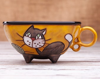 Tea cup, Pottery cup, Handmade tea cup, Handmade pottery, Tea lovers cup, Funny reacup, Cat lovers cup, Ceramic cup, Pottery teacup, Cat cup