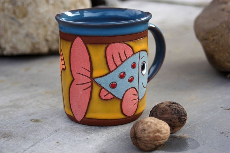 Fish mug, Coffee mug pottery, Handmade kids mug, Big coffee mug, Animal pottery, Mug pottery, Ceramic mug, Handmade tea cup, Animals mug image 3