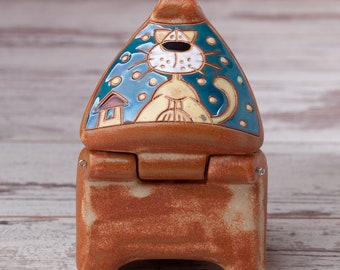 Ceramic box with cat decoration, Pottery box, Jewelry storage, Keepsake, Treasure box, Jewelry box, Cat accessories, Storage box, Home decor