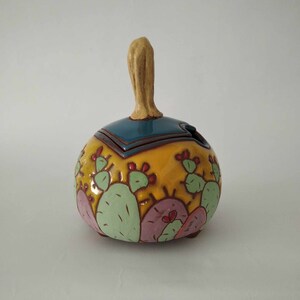 Handmade ceramic sugar bowl with cactus, Hand painted sugar box, Lidded sugar bowl, Handbuilt sugar basin, Cactus sugar bowl, Pottery jar image 3