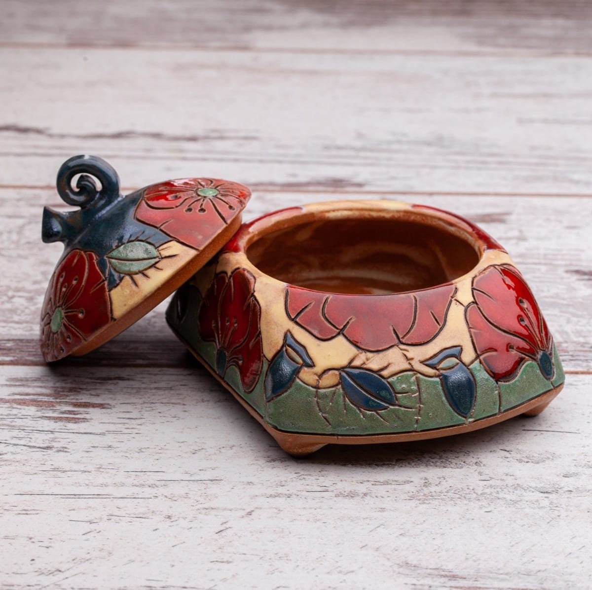 焼物　扇形小物入れ Handmade Jewelry Box, Pottery Box, Sugar Bowl, Treasure Box
