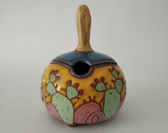 Handmade ceramic sugar bowl with cactus, Hand painted sugar box, Lidded sugar bowl, Handbuilt sugar basin, Cactus sugar bowl, Pottery jar