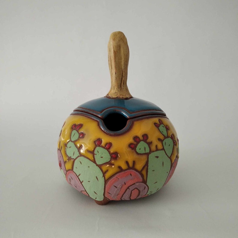 Handmade ceramic sugar bowl with cactus, Hand painted sugar box, Lidded sugar bowl, Handbuilt sugar basin, Cactus sugar bowl, Pottery jar image 1