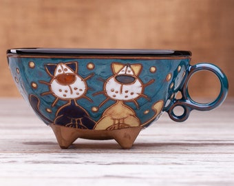 Pottery handmade, Pottery mug, Cat lover gift, Unique coffee mug, Kids mug, Pottery coffee mug, Animal mug, Cat cup, Cat mug, Unique tea cup