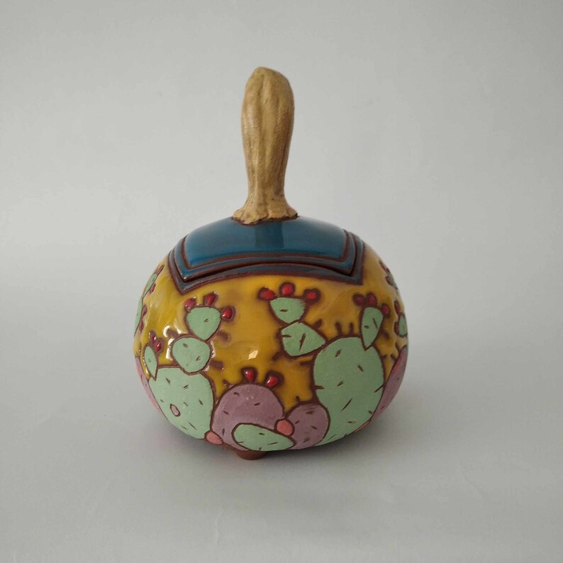 Handmade ceramic sugar bowl with cactus, Hand painted sugar box, Lidded sugar bowl, Handbuilt sugar basin, Cactus sugar bowl, Pottery jar image 9