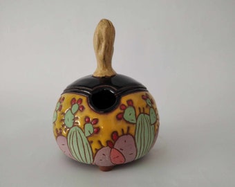Handmade sugar bowl, Cactus sugar pot, Pottery jar with lid, Housewarming gift, Ceramic sugar container with lid, Handmade pottery