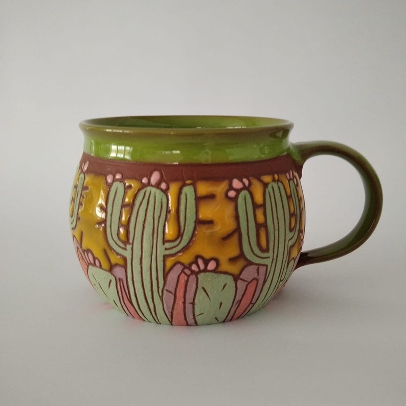 Mug with cactus, Cactus lover's gift, Pottery cactus mug, Coffee mug handmade, Cactus cup, Coffee mug, Pottery mug handmade, Big coffee cup image 1