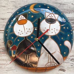 Handmade ceramic clock with cats, Hanging wall clock, Wall decor, Kids wall clock, Cat design clock, Unique wall clock