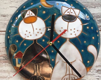 Handmade ceramic clock with cats, Hanging wall clock, Wall decor, Kids wall clock, Cat design clock, Unique wall clock
