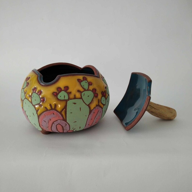 Handmade ceramic sugar bowl with cactus, Hand painted sugar box, Lidded sugar bowl, Handbuilt sugar basin, Cactus sugar bowl, Pottery jar image 8